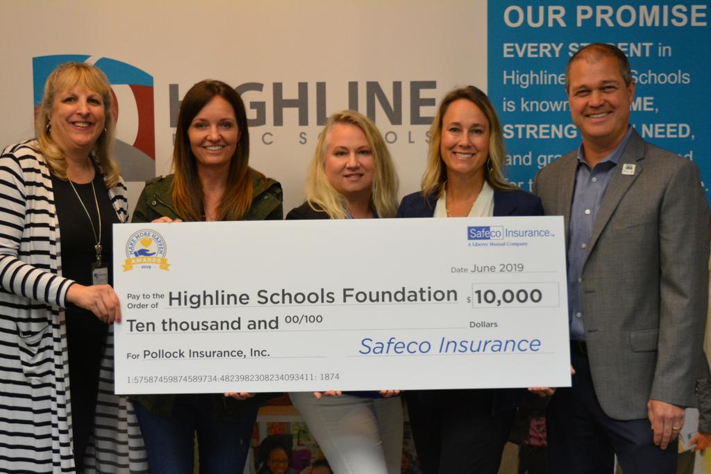 Pollock Insurance and Highline Schools Foundation check presentation